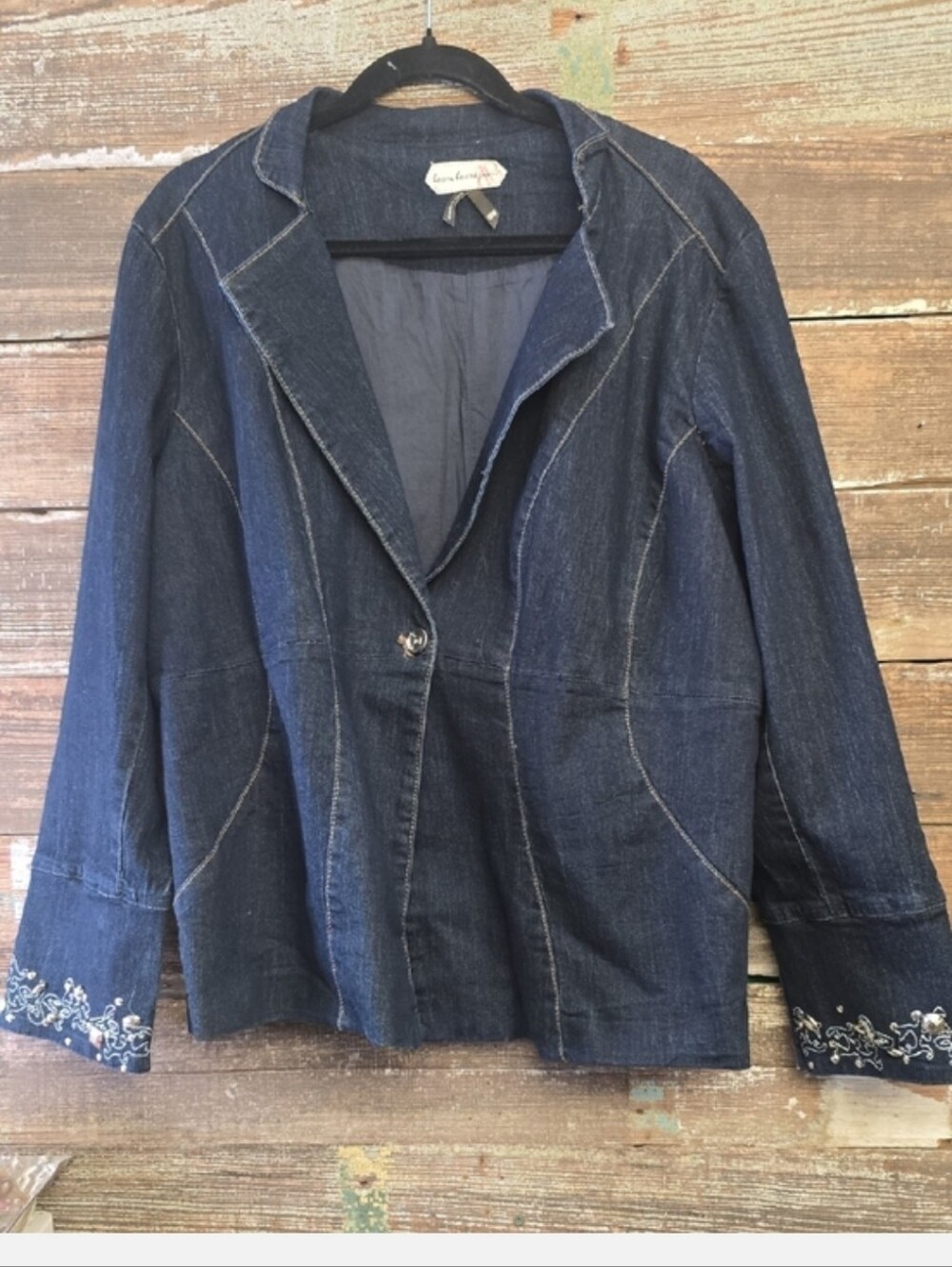 Boom Boom Jeans Dark Blue Denim Blazer Jacket with Embroidered Cuffs